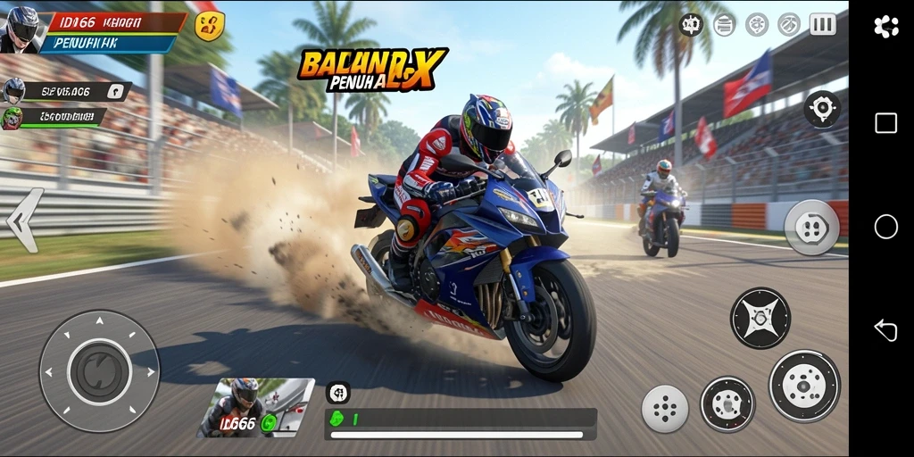 Screenshot gameplay ID66 menampilkan aksi balapan motor yang mendebarkan.