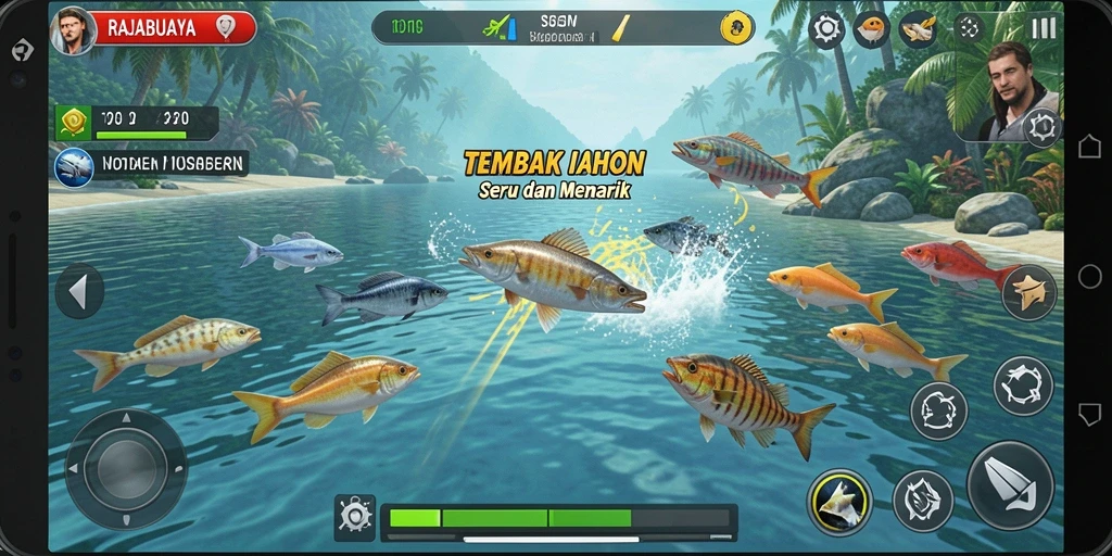 Tampilan gameplay RAJABUAYA dengan aksi Tembak Ikan yang seru.